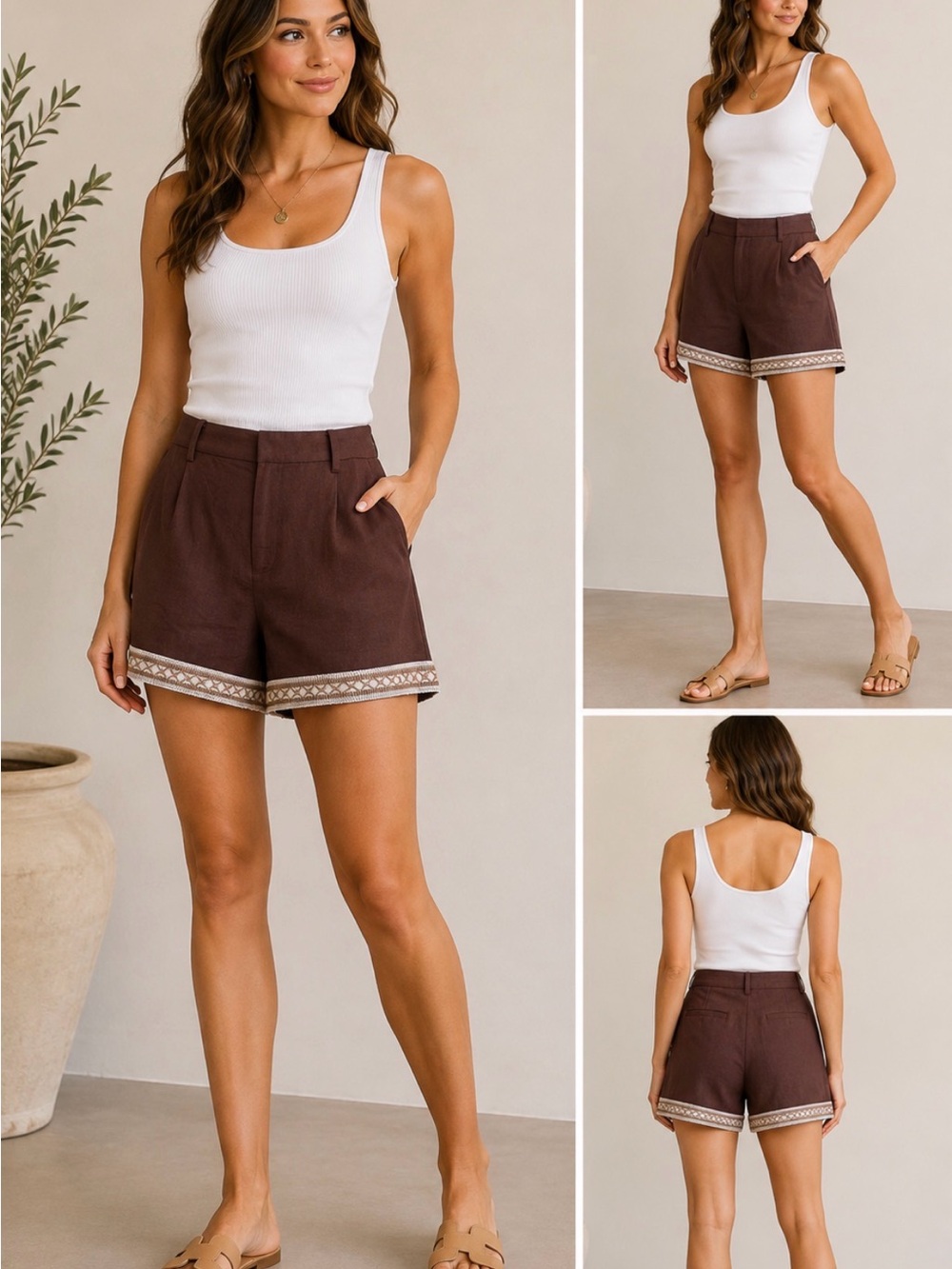 Parker Brown Embroidered Trim Tailored Shorts Size M NWT Boho Resort